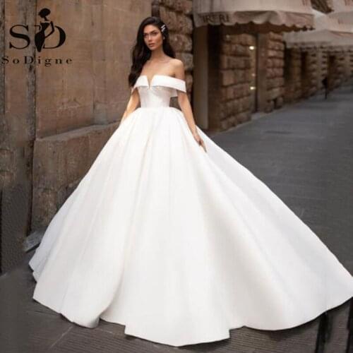 SoDigne Simple Aline Wedding Dress Long White Satin Princess Bride Gowns Off The Shoulder Wedding Gown Vestido De Novia