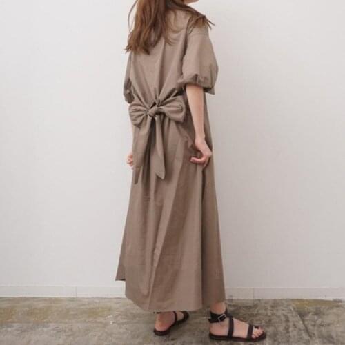 Japanese 2021 Summer New Back Bow Fashion Solid Color Simple Temperament Puff Sleeve Long Maxi Dress Z828