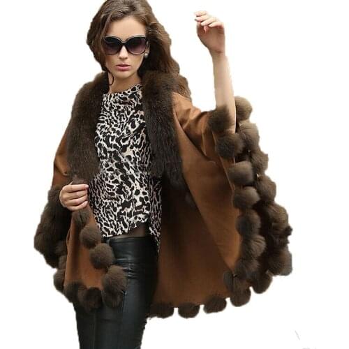 Ladys Genuine Fox Collar Real Cashmere Coat Cloak/Brown Poncho/Shawl//Cape/Wraps