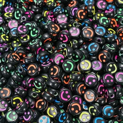 100pcs Acrylic Beads Round Flat Black Smiley Face Loose Spacer Beads for Jewelry Making DIY Bracelet Accessories Wholesale