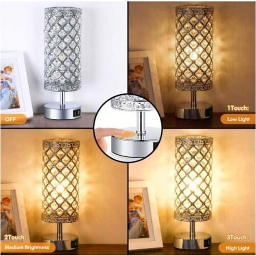 3-Way Dimmable Crystal Touch Control Table Lamp with Dual USB Charging Ports Bedside Desk Lamps Bulb Included EU Plug