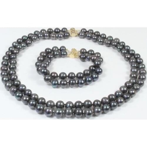 7-8mm Black Natural Fresh water pearl necklace 17-18" Bracelet 8" Set AAA