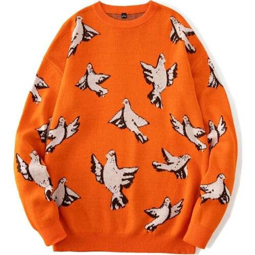 Brand Sweater Men Harajuku Japan Style Casual Streetwear Knitted Male Pullover O-Neck Hip Hop Dove Pattern Tops Male Sweaters