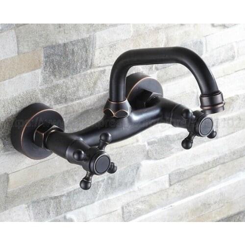Oil Rubbed Bronze Wall Mounted Swivel Spout Bathroom Sink Faucet Double Handle Mixer Tap Wall Mounted znf321
