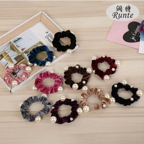 Korean Pearl Velvet Scrunchies Fashion Solid Beads Elastic Hair Bands Ponytail Holder for Women Girls Hair Ties Accessories
