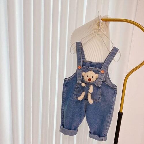 Cowboy suspenders pants for girls and boys bear cartoon leisure pants childrens clothing autumn jeans boys