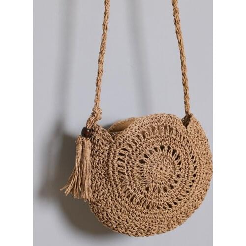 Round Tassel Straw Crossbody Bag Women Summer Rattan Handbags Handmade Woven Beach Circle Bohemia Beach Travel Shoulder Tote