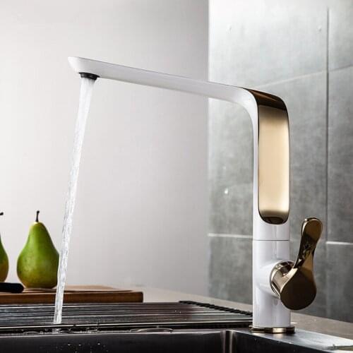Kitchen Sink Faucets Brass Kitchen Mixer Tap Single Handle Hot & Cold Kitchen Crane Taps 360 Degree Rotation Faucet White & Gold