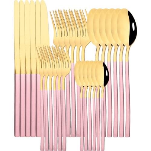 6/30Pcs Stainless Steel Dinner Pink Gold Dinnerware Set Knife Fork Coffee Spoon Party Cutlery Set Kitchen Tableware Flatware Set