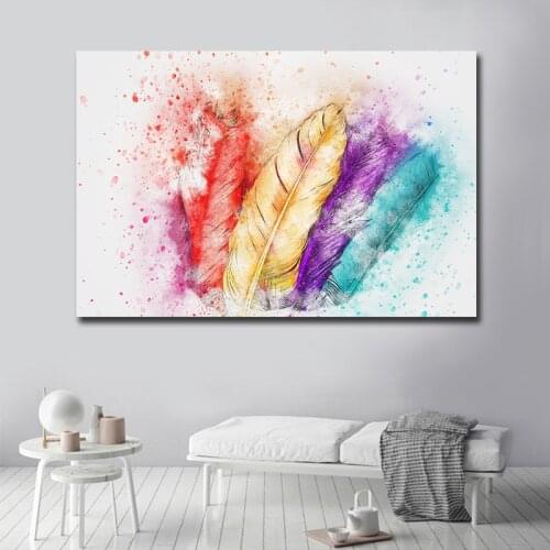 GOODECOR Wall Art Picture Canvas Prints Colorful Feather Painting Big Size One Piece Pictures Art For Home Decor No Frame