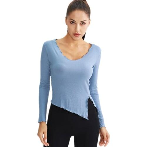 Autumn New Side Split Women Yoga Shirts Gym Slim Long-Sleeve Dance Training clothes Stretch Quick-Drying Running V-Neck Top