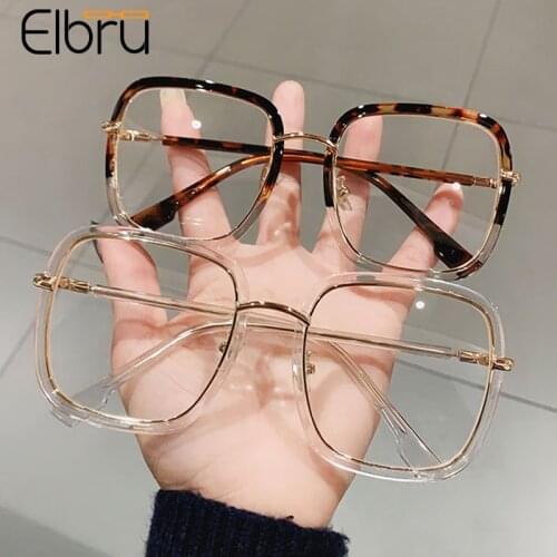 Elbru Retro Fashion Square Oversized Glasses Frame Transparent Flat Lens Optical Eyeglasses Radiation Protection Computer Goggle