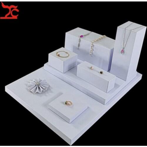 Portable Cube White PU Jewelry Display Counter Showcase Wooden Pendant Necklace Earring Board Stand Ring Flower Tray4 8Pcs/lot