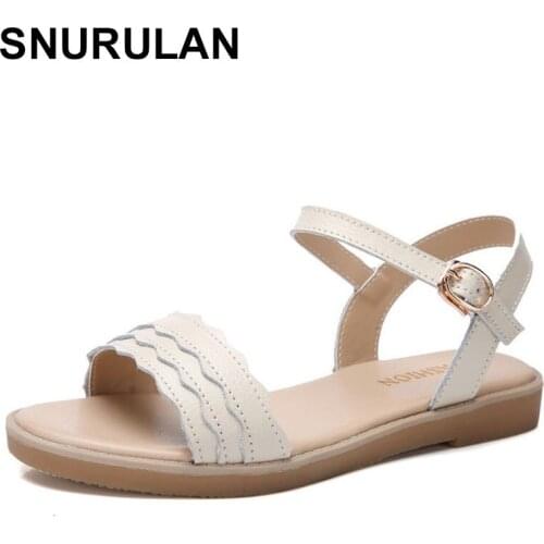 SNURULANsummer women Heel flat sandals Ruffles Fashion shoes women sandalias Leather ladies white Casual sandals shoes flipflops
