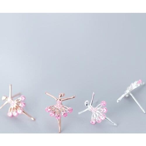 COLUSIWEI Genuine 925 Sterling Silver Dazzling Pink CZ Ballet Dancer Stud Earrings for Women Rose Gold Color Fine Jewelry Bijoux