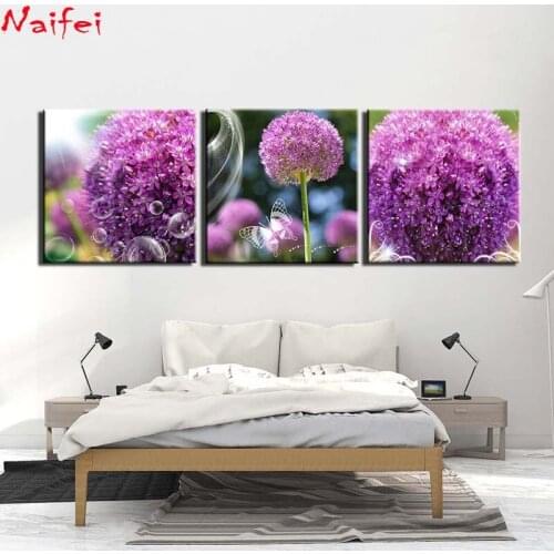 5D rhinestone DIY Diamond Painting 3 Pieces Abstract purple flower Diamond Painting Cross Stitch set Mosaic picture Home Decor