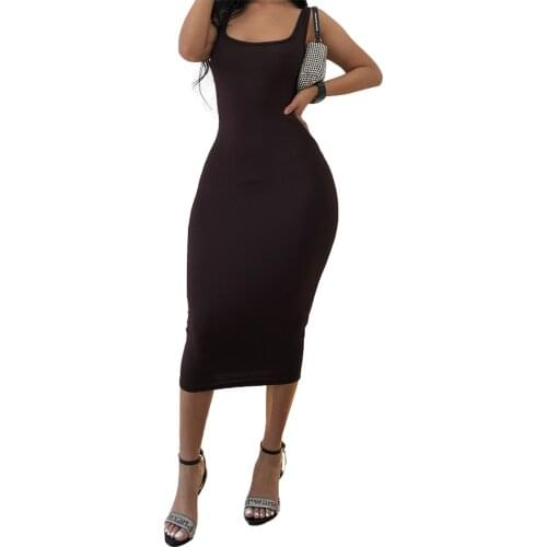 XLLAIS Knitting Cotton Brown Party Dresses Women Sexy Sky Blue Bodycon Slim One Piece Mid Calf Vestidos Good Quality Clothes