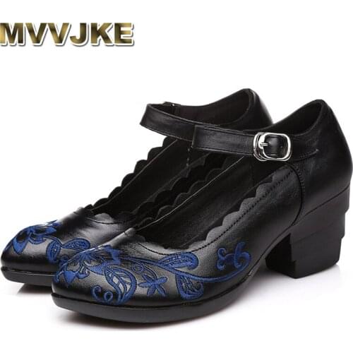 MVVJKE New Autumn Shoes Woman Genuine Leather Women Pumps Lady Pointed Toe Thick Heel Shallow Mouth Shoes Embroider E177