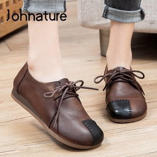 Johnature Spring/Autumn Flats Women Shoes Genuine Leather 2021 New Lace-Up Mixed Colors Handmade Concise Shallow Ladies Shoes