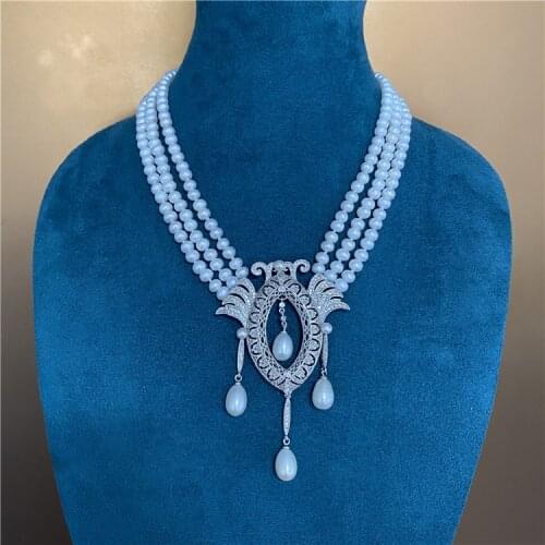 Womens 18" 3 Rows Cultured White Pearl cz White Sea Shell Pearl Pendant