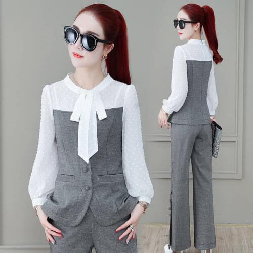Elegant office lady 2 pieces sets Spring summer Korean patchwork chiffon tops and pants women clothing two pieces outfits