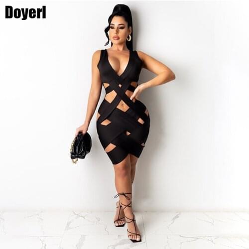 Hollow Out Bodycon Bandage Dress Women Club Wear 2021 Sleeveless Black Mini Summer Sexy Dress Slim V Neck Beach Party Dress