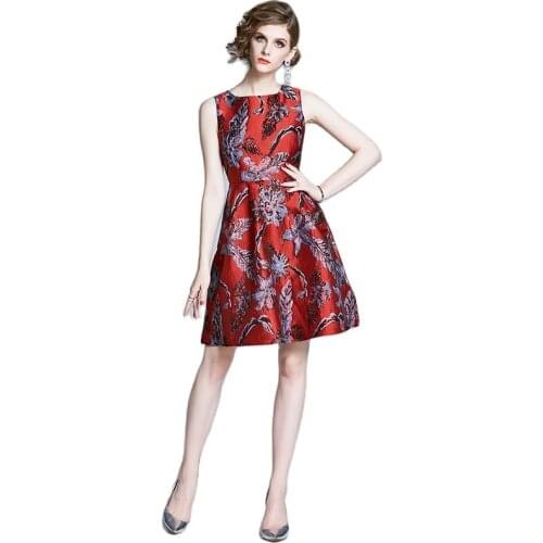 BunniesFairy 2020 Spring Summer Royal Vintage Hepburn Princess Red Jacquard Flower Floral Print Robe High Waist Mini Vest Dress