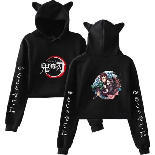 2020 harajuku Demon Slayer Sexy Hoodies sweatshirts Women Funny Cat Crop Top Kawaii Kimetsu no Yaiba Clothing Plus Size