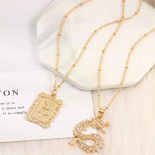 2021 New Fashion 2Pcs/Set Rose Flower Carve Metal Plate Dragon Pendant For Men Jewelry Women Necklace Hip Hop Chinese F8Y0