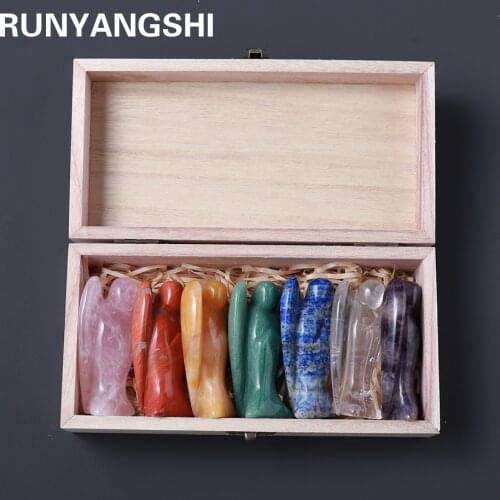 7pcs/set Natural crystal angel Hand carved craftsPatron Saint Cure Gemstone Home Decoration wood Gift DIY