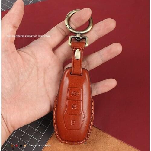 Genuine Leather Car Smart Key Fob Cover Case Keychain For Ford Fusion Mondeo Mustang F-150 Explorer Edge 2015-2018 Accessories