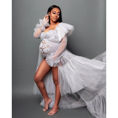 White Maternity Robes Women Prom Long Tulle Bathrobe Dresses Photo Shoot Birthday Party Bridal Fluffy Party Sleepwear
