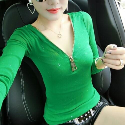 #8597 Sexy Skinny T Shirt Women V Neck Zipper Basic Mesh T Shirt Female Long Sleeves Thin Casual Stretch T Shirt For Girl Solid