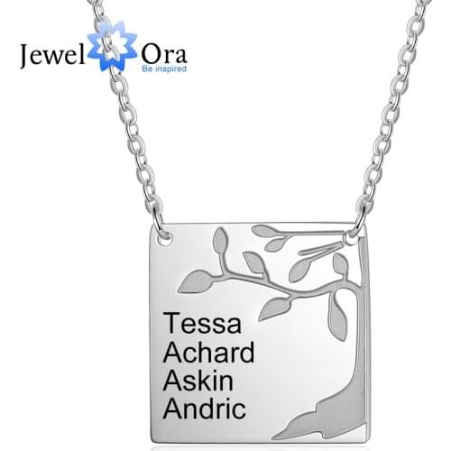 JewelOra Personalized Square Necklace with Engraving 4 Names Customized Family Tree Pendants for Women Anniversary Jewelry