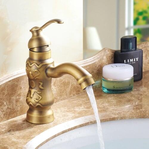 Copper kitchen carved style basin faucet antique, European Retro basin faucet bathroom, Brass basin faucet hot and cold vintage