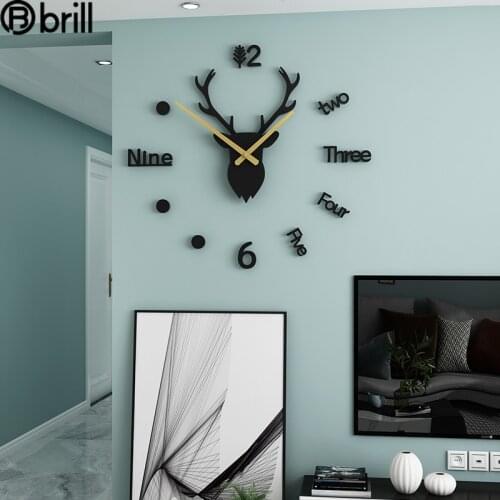 Nordic Diy Wall Clock Sticker Deer Head Creative Wall Decoration Clocks Wall Home Decor Living Room Deer Head Wall Decor Watch