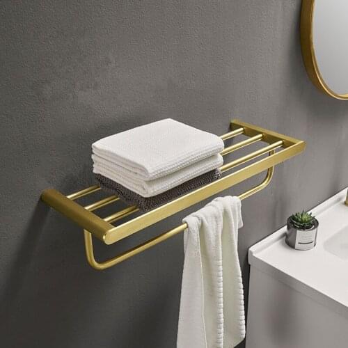 Bathroom Towel Rack Bath Towel Holders with Bars and Towel Bar Bath Hardware Nail Punched Wall Mounted Brushed Gold Aluminum