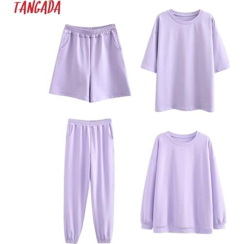Tangada 2020 Autumn Women Terry 95% cotton suit oversized sets o neck hoodies sweatshirt shorts pants suits 6L30