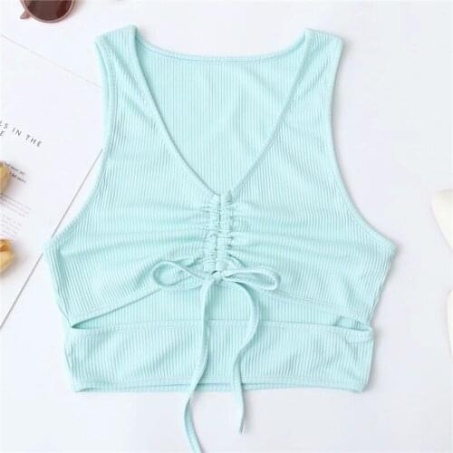 Merodi Summer Chic Lady Front Drawstring Lace Up Blue Knitted Short Tops Fashion Womens Sleeveless V-Neck Casual Show Waist Vest