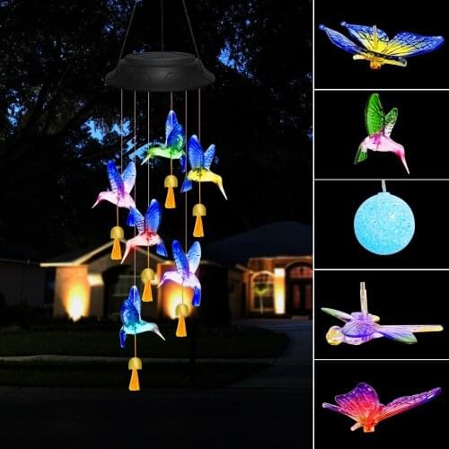 Solar Wind Chimes LED Light Hanging Color Changing Butterfly Bell Lights Outdoor Garden Decor Waterproof Lighting Crystal Ball