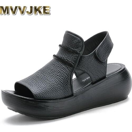 MVVJKE 2020 Summer Shoes Thick Bottom Platform Sandals For Women Genuine Cow Leather Fashion Wedges Peep Toe Women Sandals
