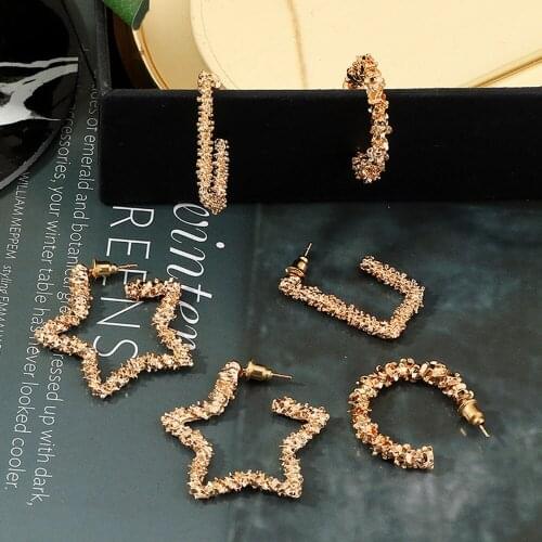 DoreenBeads Fashion Stud Earrings For Women Gold C Shape Pentagram Star Gift 34mm x 34mm - 28mm x 18mm, 1 Set ( 3 Pairs/Set)