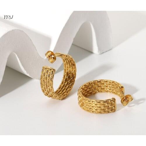 Wide flat braided gold hoop earrings for women stainless steel C hoop earrings wholesale items streetwear jewelry free tarnish