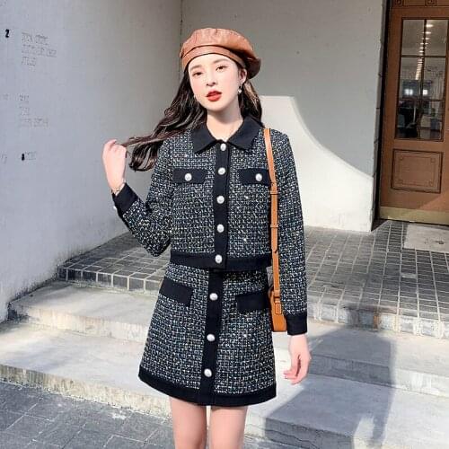 2021 Autumn Two Piece Outfits Set Women Short Coat Button Decoration Mini Skirt Korean Skirt Set OL Femme