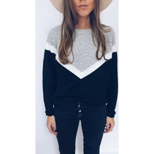 Casual Womens Ladies Long Sleeve Round Neck Loose Fashion color patchwork pullover Tops Autumn Winter Blouse Shirts