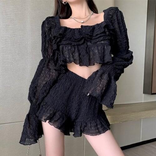 Summer Vintage Two Piece Set Women Crop Top Short Shirt Blouse + Elastic Waist Shorts Suits Fashion Pant Suits Sexy 2 Piece Set