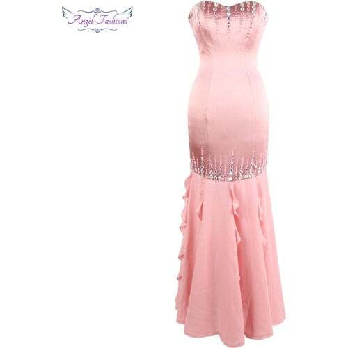 Angel-fashions Womens Strapless Evening Dress Beading Crystal Ruffle Prom Long Formal Party Pink W-190423-S
