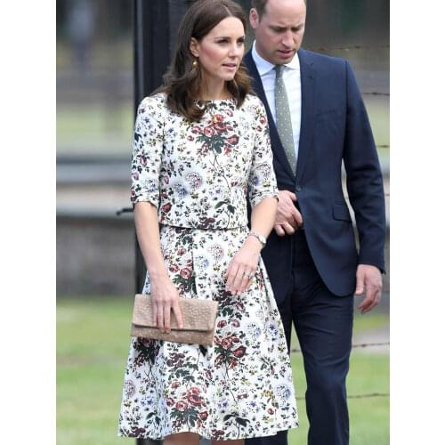 Kate Middleton Fashion New Summer Women High Quality Elegant High Street Party Casual Office Short Sleeve Jacquard Printed Dress
