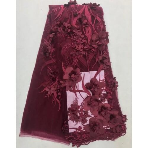 5yards/pc) high grade wine colorAfrican tulle lace French lace fabric with gorgeous 3D flowers beads for dress FNS153