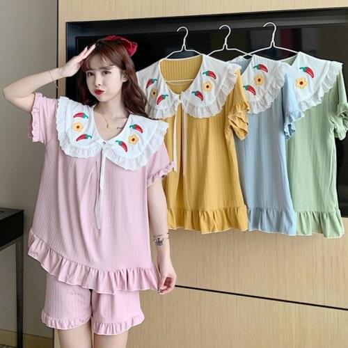 5XL Plus Size Women Pajama Set Summer Kawaii Homewear Peter Pan Lolita Girls Soft Pyjamas Cartoon Sleepwear With Padded Pijama
